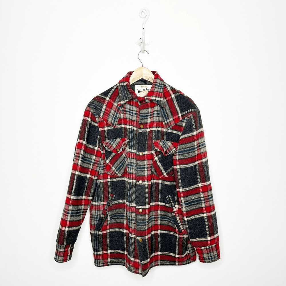 VINTAGE 1960s WOOLRICH MEN'S Plaid Wool Barn Coat Red snap mackinaw medium M